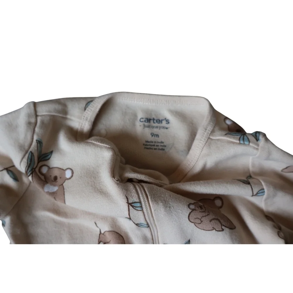 Koala Bear Print Footed Sleeper Tan Long Sleeve Zip Up Pajamas Kids Unisex 9M